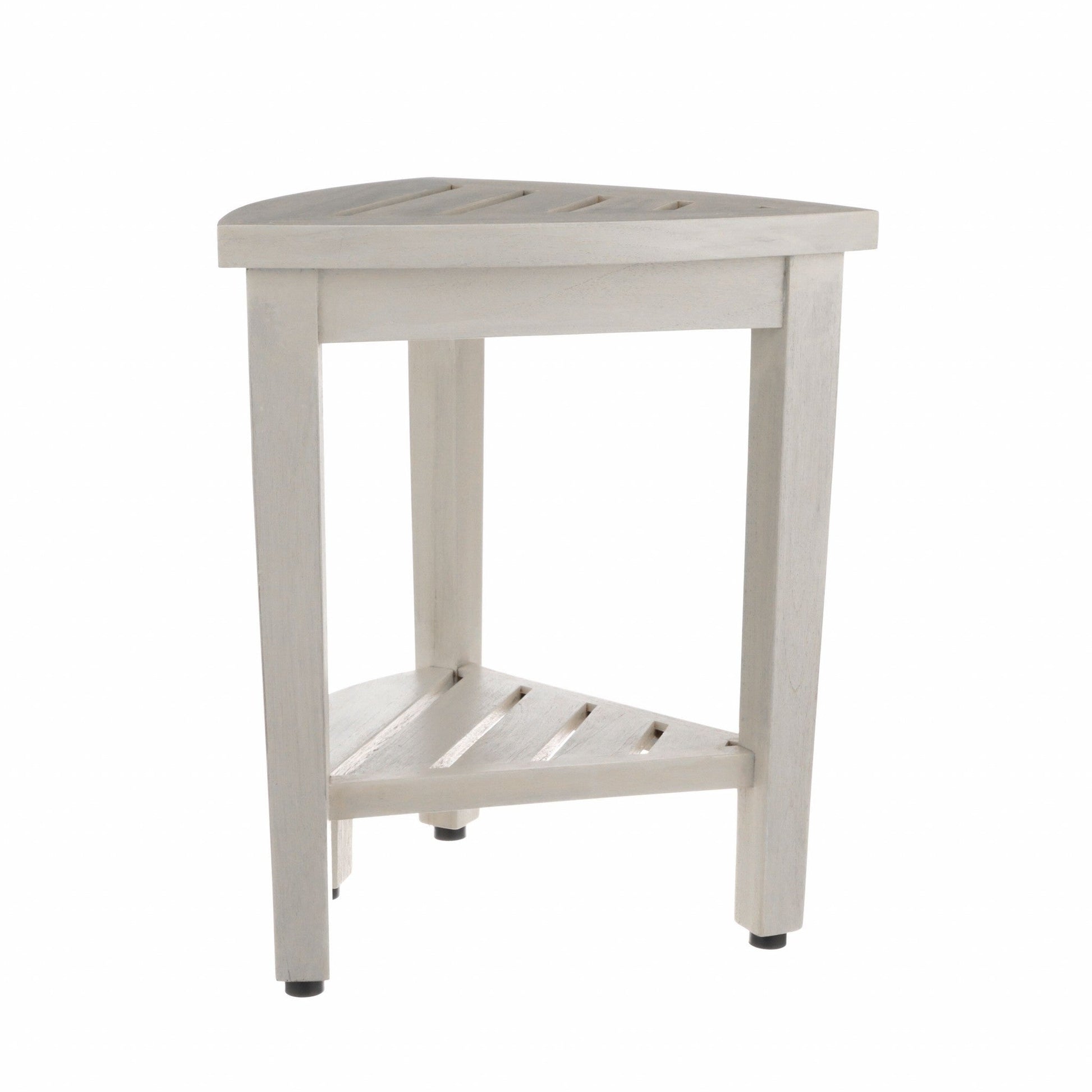HomeRoots Compact Teak Corner Shower Stool with Shelf in Whitewash Finish