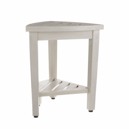 HomeRoots Compact Teak Corner Shower Stool with Shelf in Whitewash Finish
