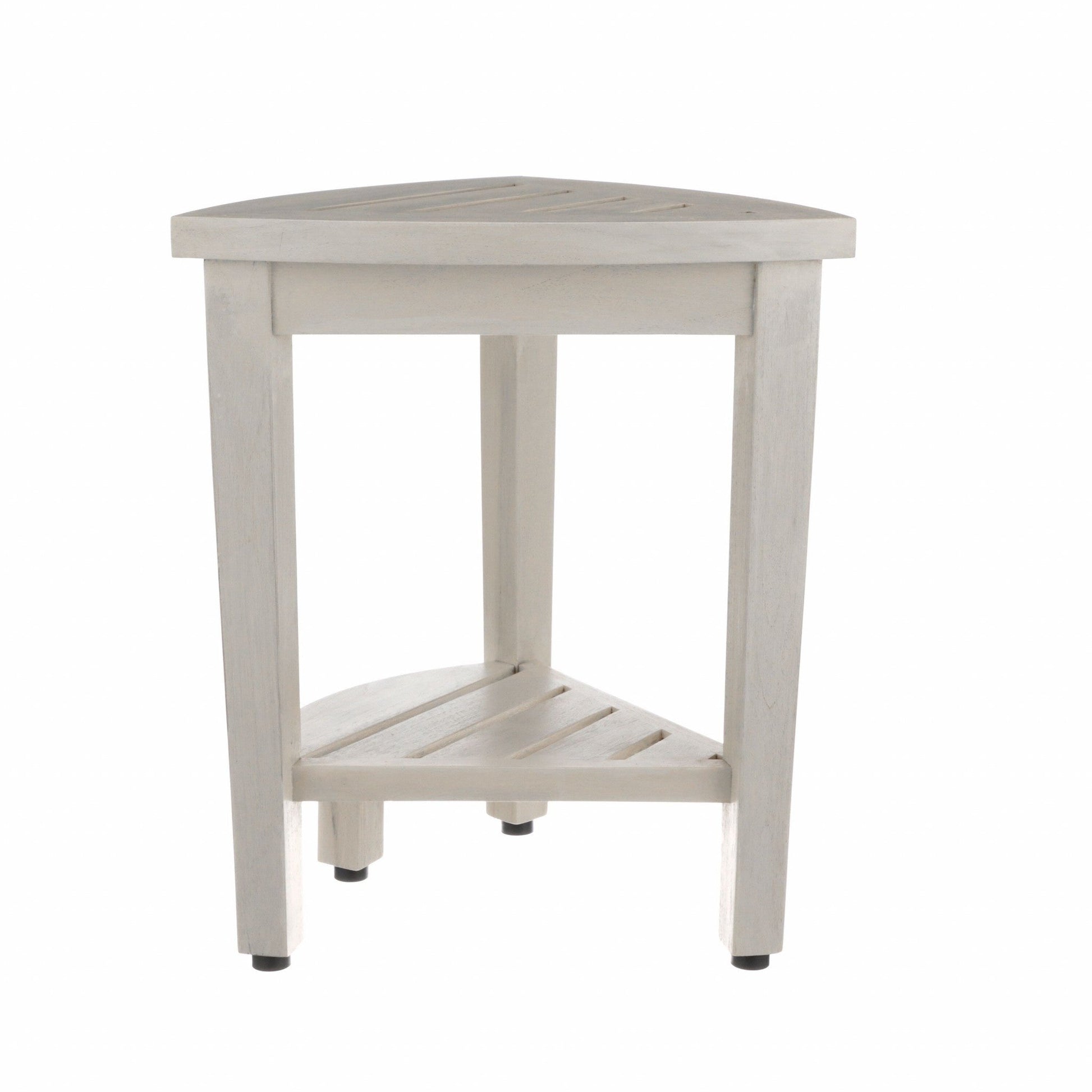 HomeRoots Compact Teak Corner Shower Stool with Shelf in Whitewash Finish