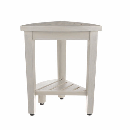 HomeRoots Compact Teak Corner Shower Stool with Shelf in Whitewash Finish