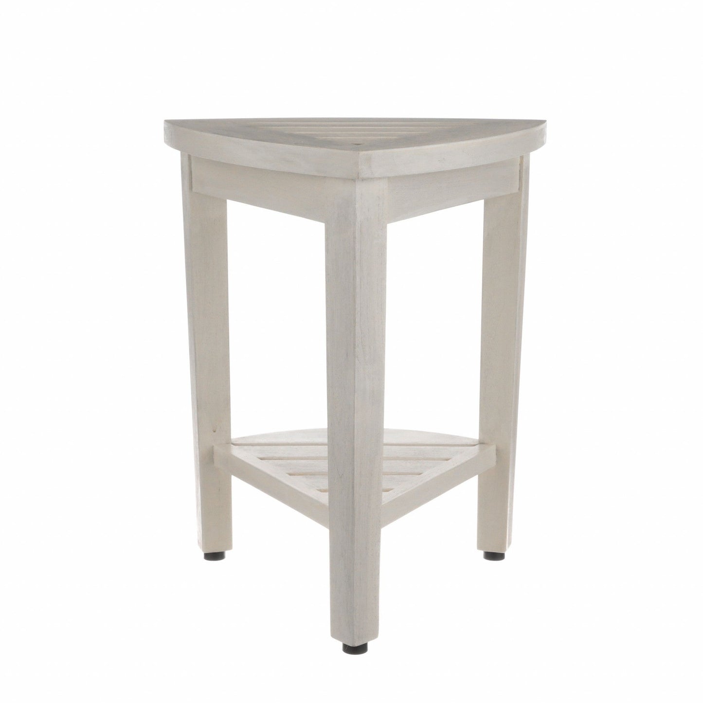 HomeRoots Compact Teak Corner Shower Stool with Shelf in Whitewash Finish