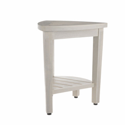HomeRoots Compact Teak Corner Shower Stool with Shelf in Whitewash Finish