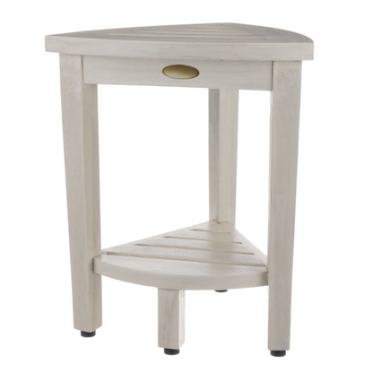 HomeRoots Compact Teak Corner Shower Stool with Shelf in Whitewash Finish