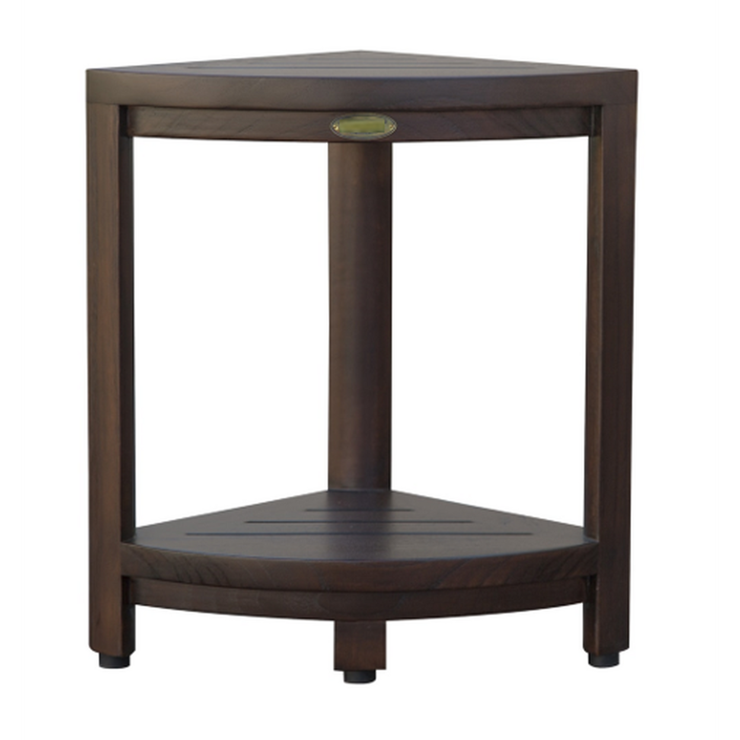 HomeRoots Compact Triangular Teak Shower Outdoor Bench with Shelf in Brown Finish