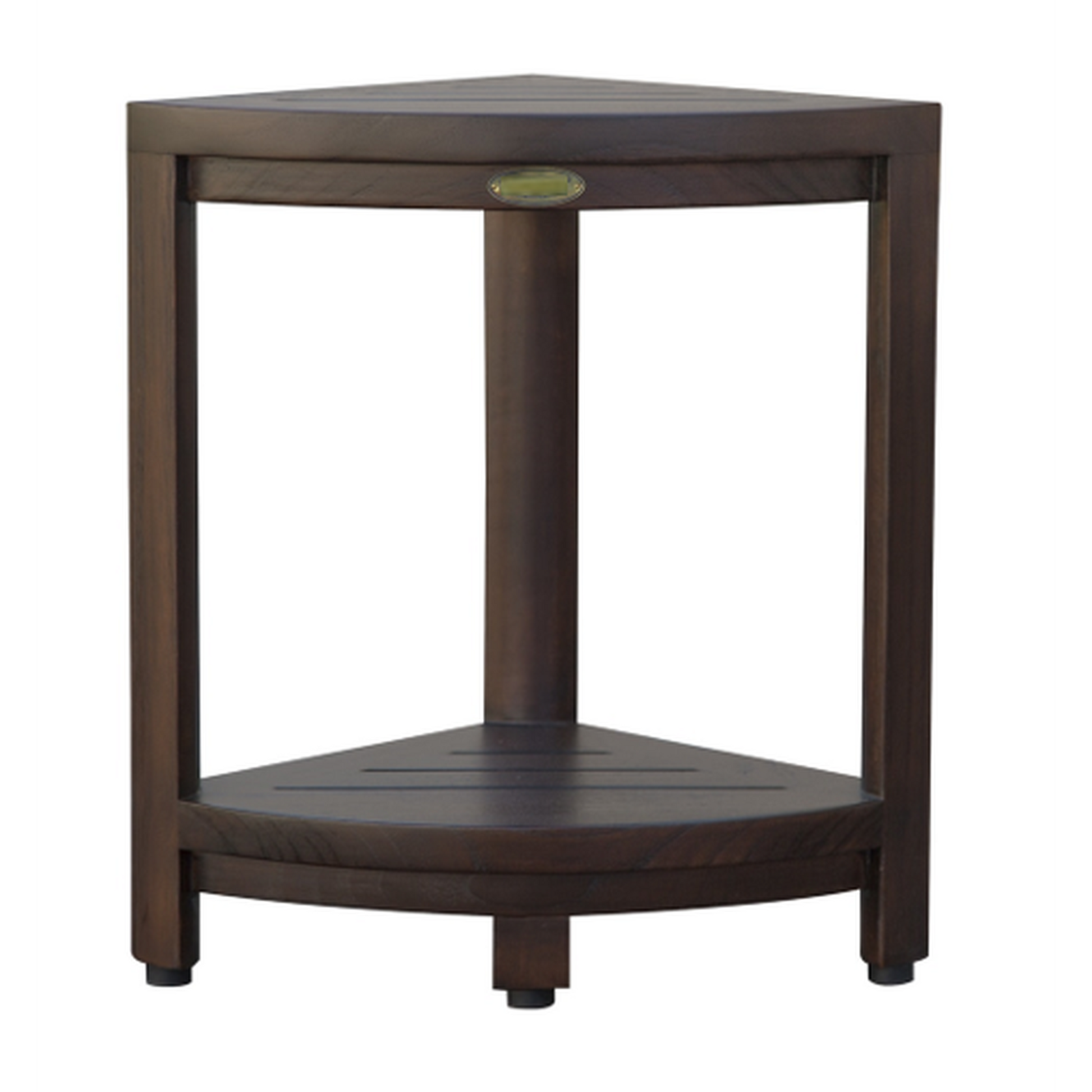 HomeRoots Compact Triangular Teak Shower Outdoor Bench with Shelf in Brown Finish