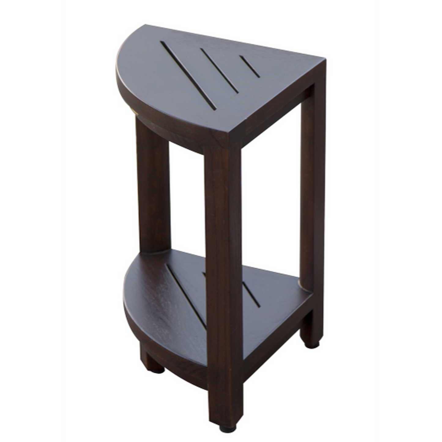 HomeRoots Compact Triangular Teak Shower Outdoor Bench with Shelf in Brown Finish