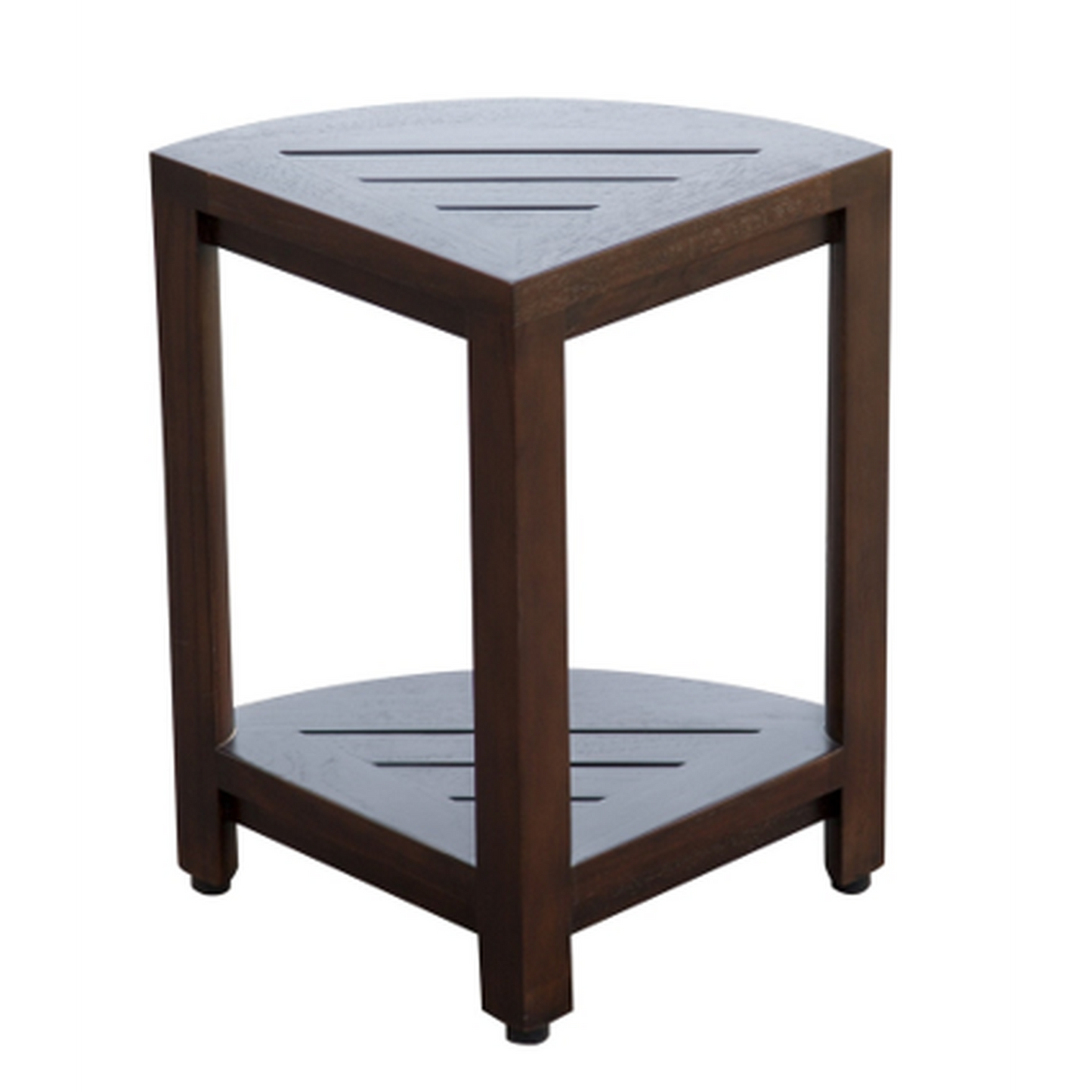 HomeRoots Compact Triangular Teak Shower Outdoor Bench with Shelf in Brown Finish