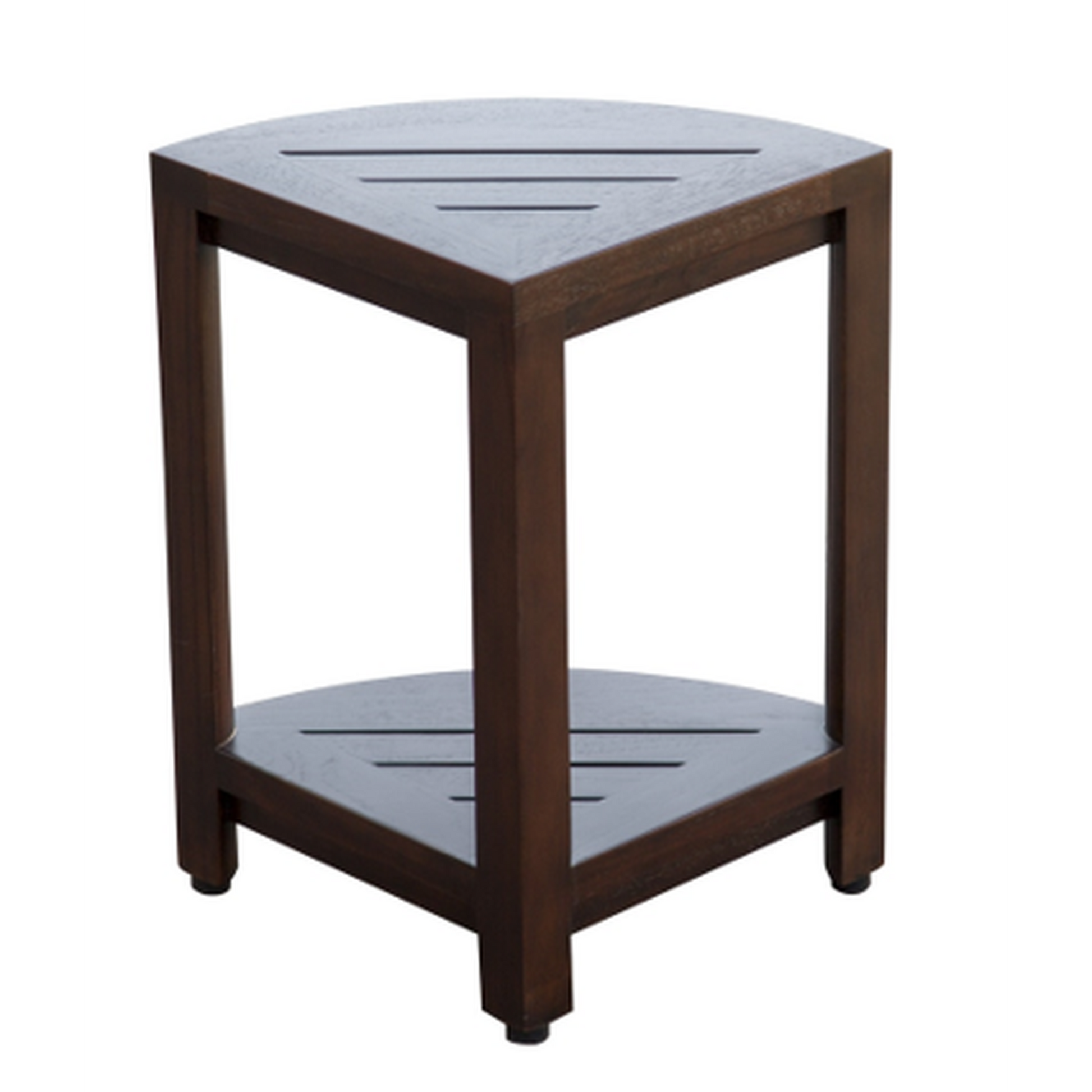 HomeRoots Compact Triangular Teak Shower Outdoor Bench with Shelf in Brown Finish