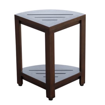 HomeRoots Compact Triangular Teak Shower Outdoor Bench with Shelf in Brown Finish