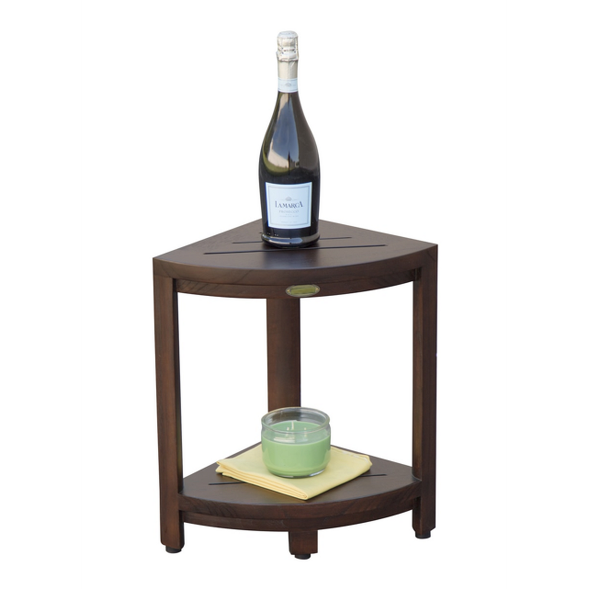 HomeRoots Compact Triangular Teak Shower Outdoor Bench with Shelf in Brown Finish