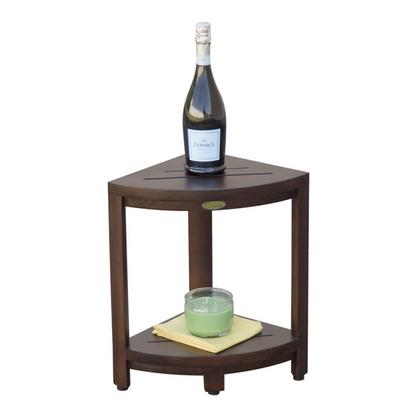 HomeRoots Compact Triangular Teak Shower Outdoor Bench with Shelf in Brown Finish