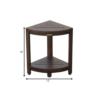 HomeRoots Compact Triangular Teak Shower Outdoor Bench with Shelf in Brown Finish