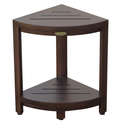 HomeRoots Compact Triangular Teak Shower Outdoor Bench with Shelf in Brown Finish