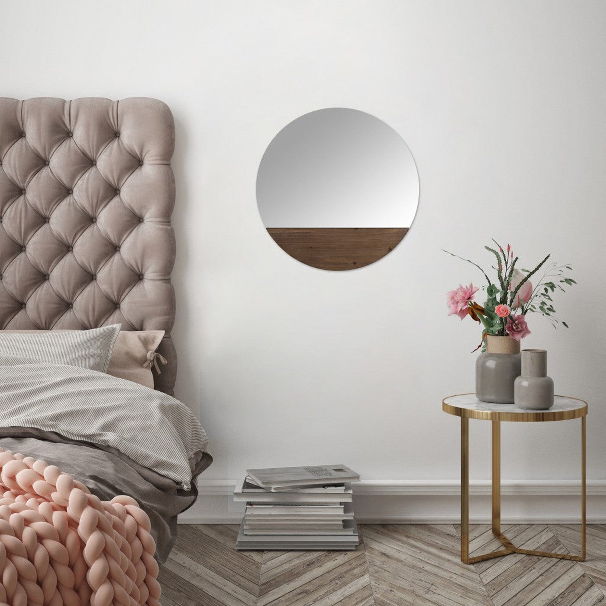 HomeRoots Contemporary Round Wall Mirror with Wooden Detailing