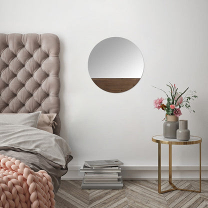 HomeRoots Contemporary Round Wall Mirror with Wooden Detailing