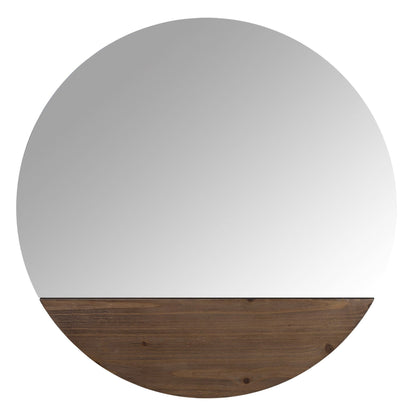 HomeRoots Contemporary Round Wall Mirror with Wooden Detailing