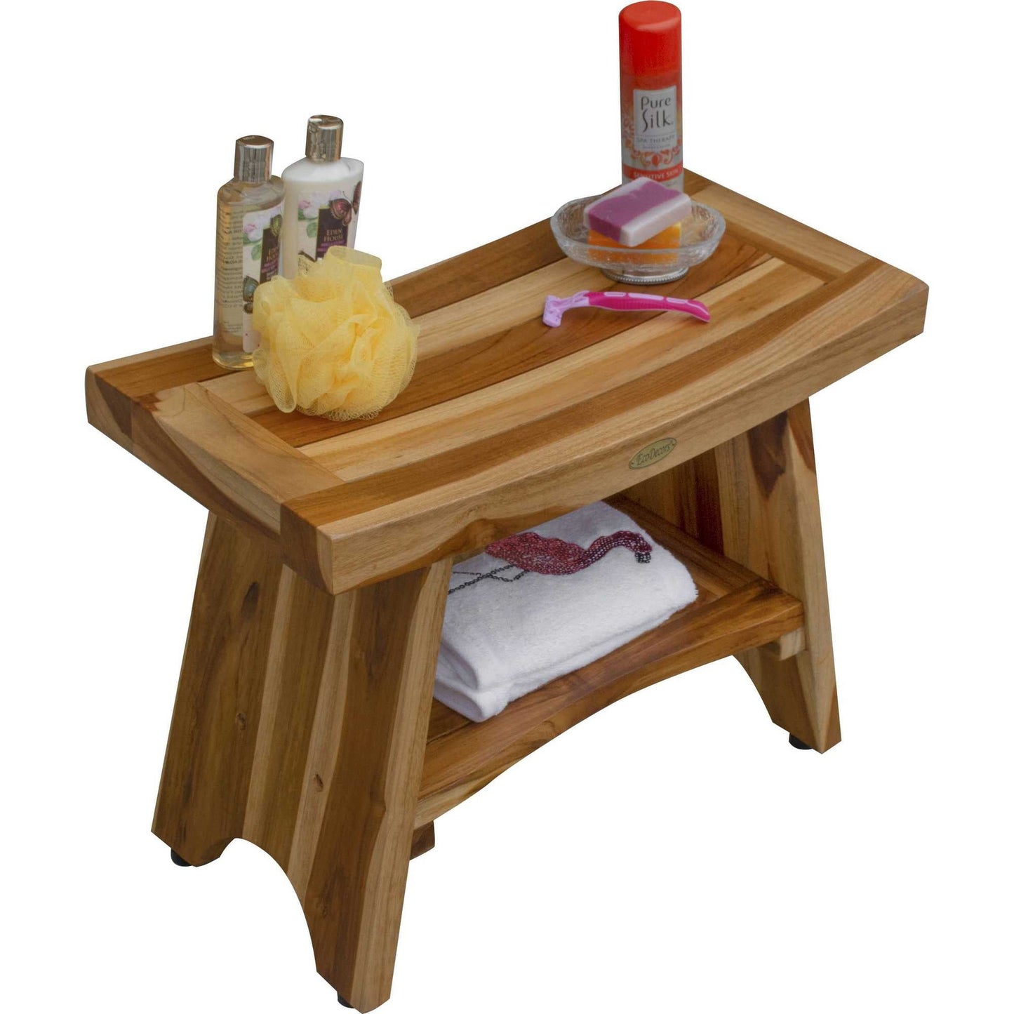 HomeRoots Contemporary Teak Shower Bench with Shelf in Natural Finish