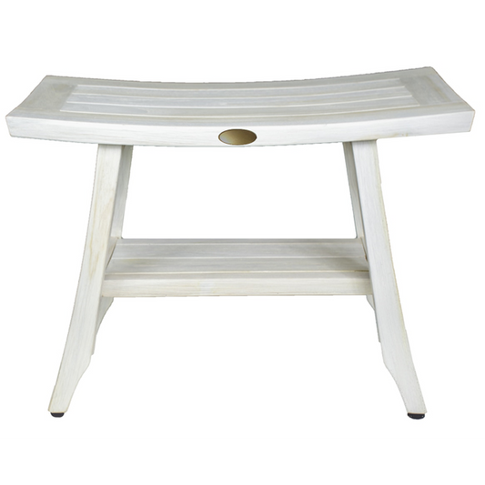 HomeRoots Contemporary Teak Shower Stool or Outdoor Bench in Whitewash Finish