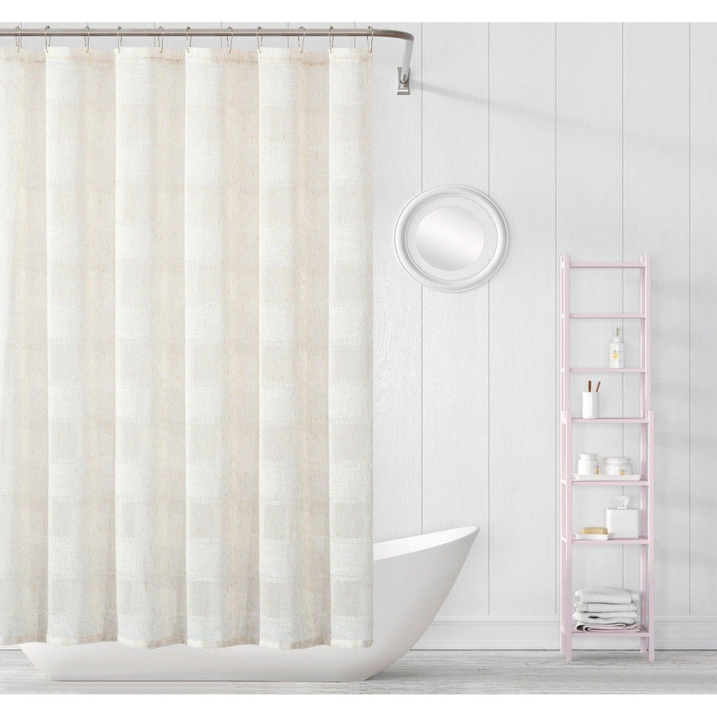 HomeRoots Cream Striped Embroidered Shower Curtain