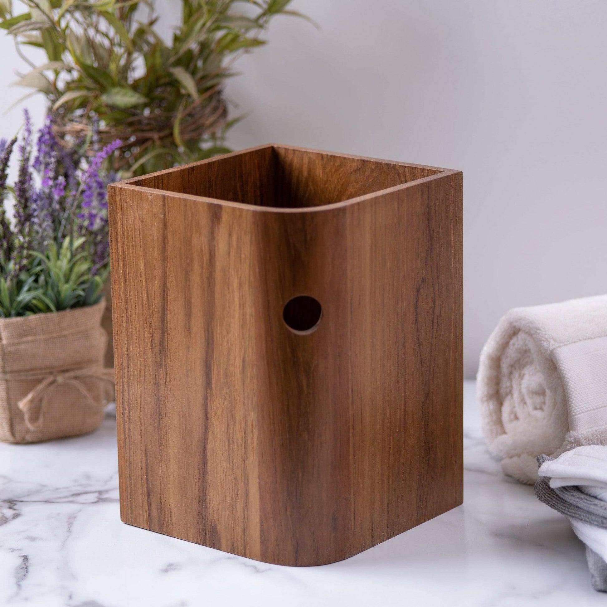 HomeRoots Designer Genuine Teak Waste Basket