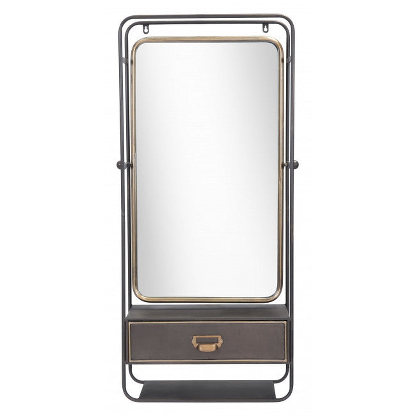 HomeRoots Distressed Industrial Gray and Gold Wall Mirror with Storage