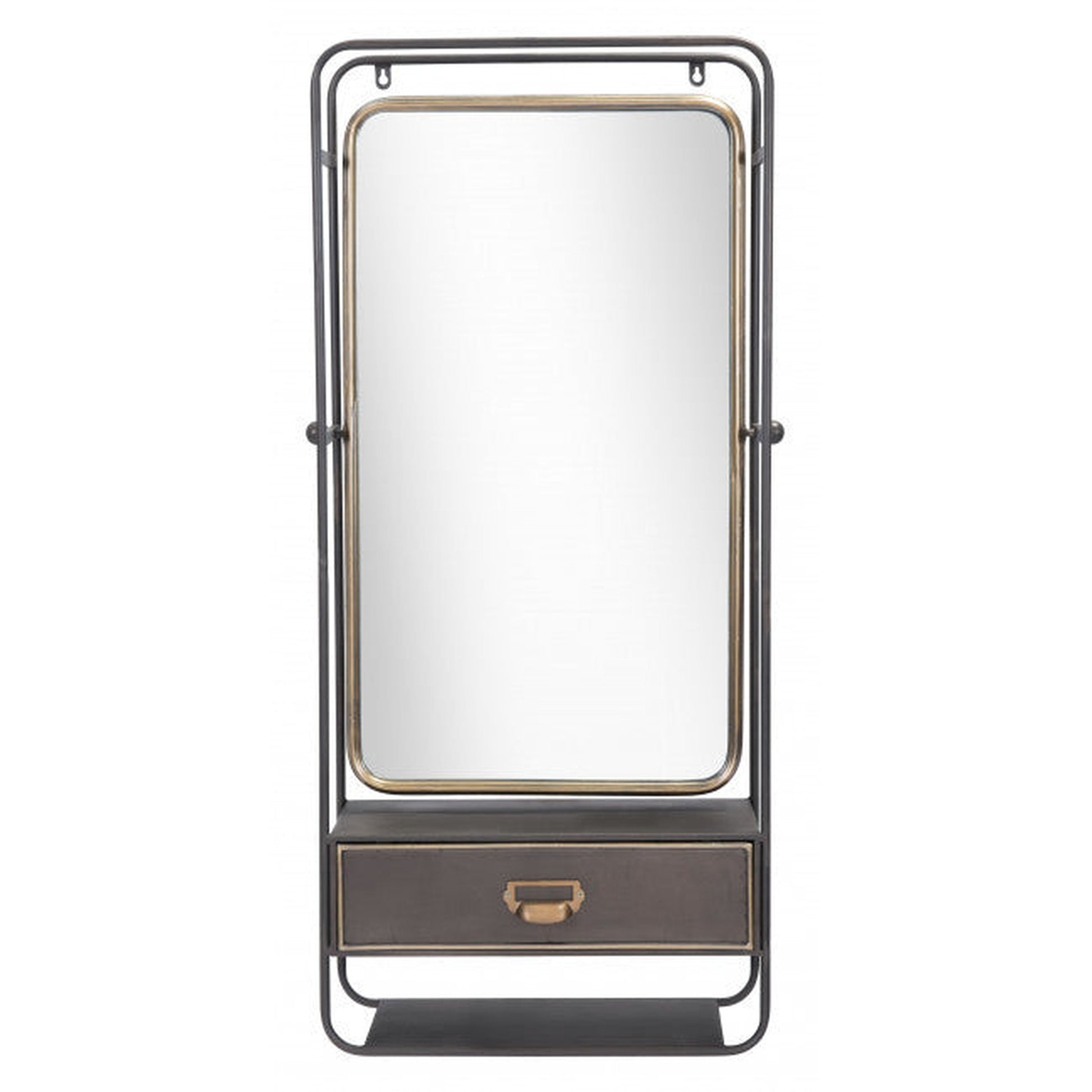 HomeRoots Distressed Industrial Gray and Gold Wall Mirror with Storage