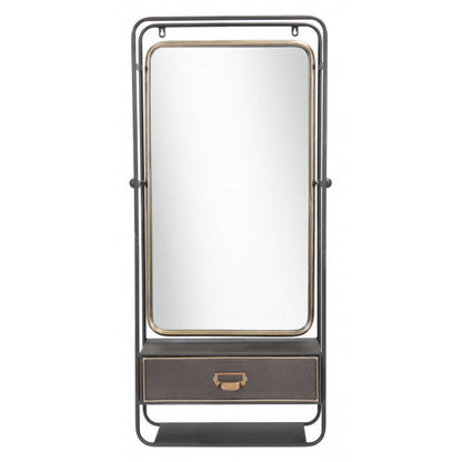 HomeRoots Distressed Industrial Gray and Gold Wall Mirror with Storage