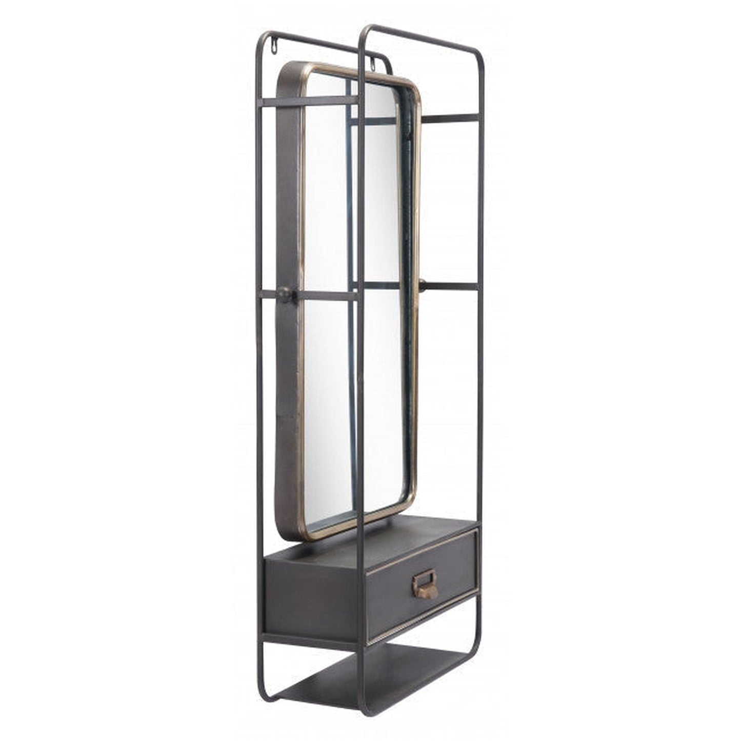 HomeRoots Distressed Industrial Gray and Gold Wall Mirror with Storage