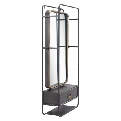 HomeRoots Distressed Industrial Gray and Gold Wall Mirror with Storage