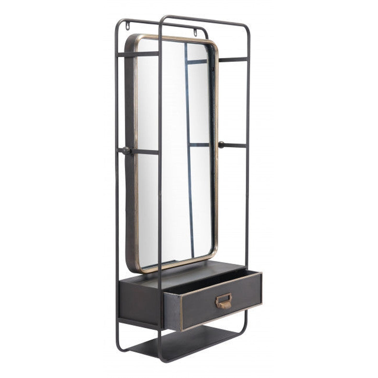 HomeRoots Distressed Industrial Gray and Gold Wall Mirror with Storage