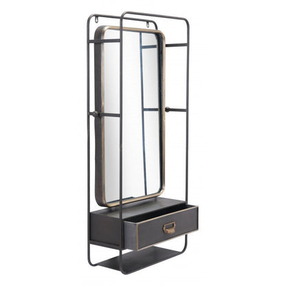 HomeRoots Distressed Industrial Gray and Gold Wall Mirror with Storage