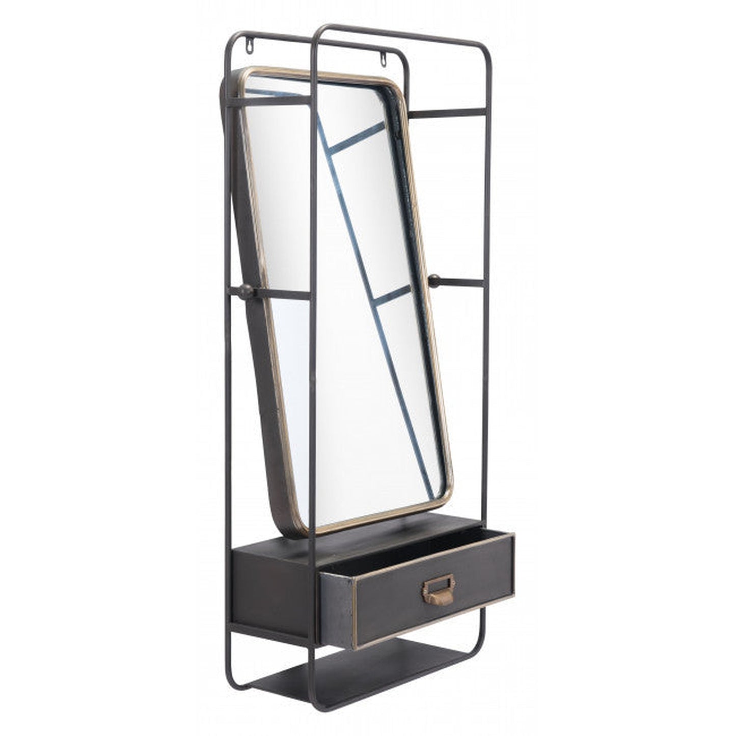 HomeRoots Distressed Industrial Gray and Gold Wall Mirror with Storage