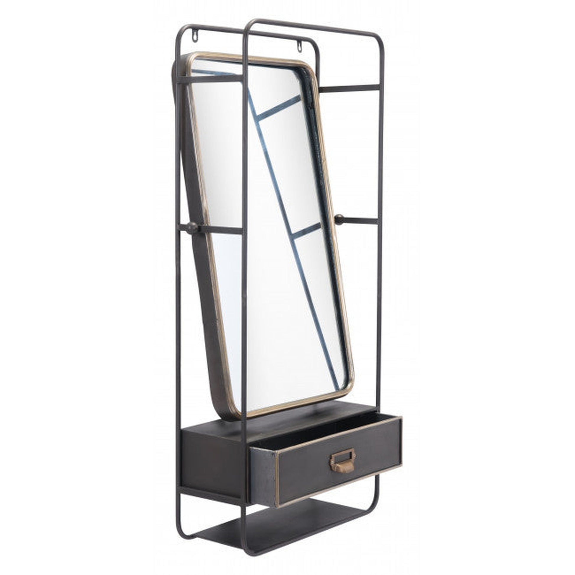 HomeRoots Distressed Industrial Gray and Gold Wall Mirror with Storage