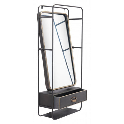 HomeRoots Distressed Industrial Gray and Gold Wall Mirror with Storage