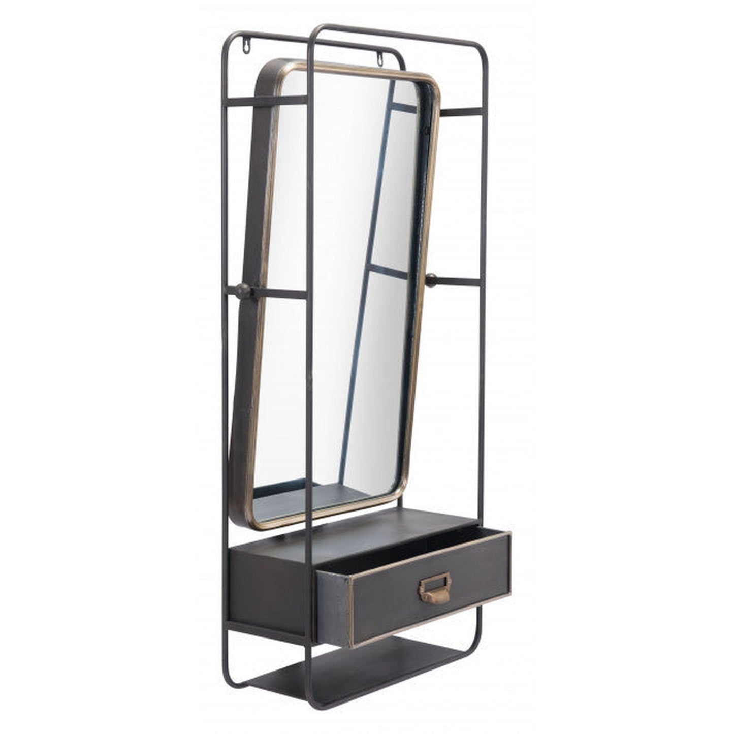 HomeRoots Distressed Industrial Gray and Gold Wall Mirror with Storage