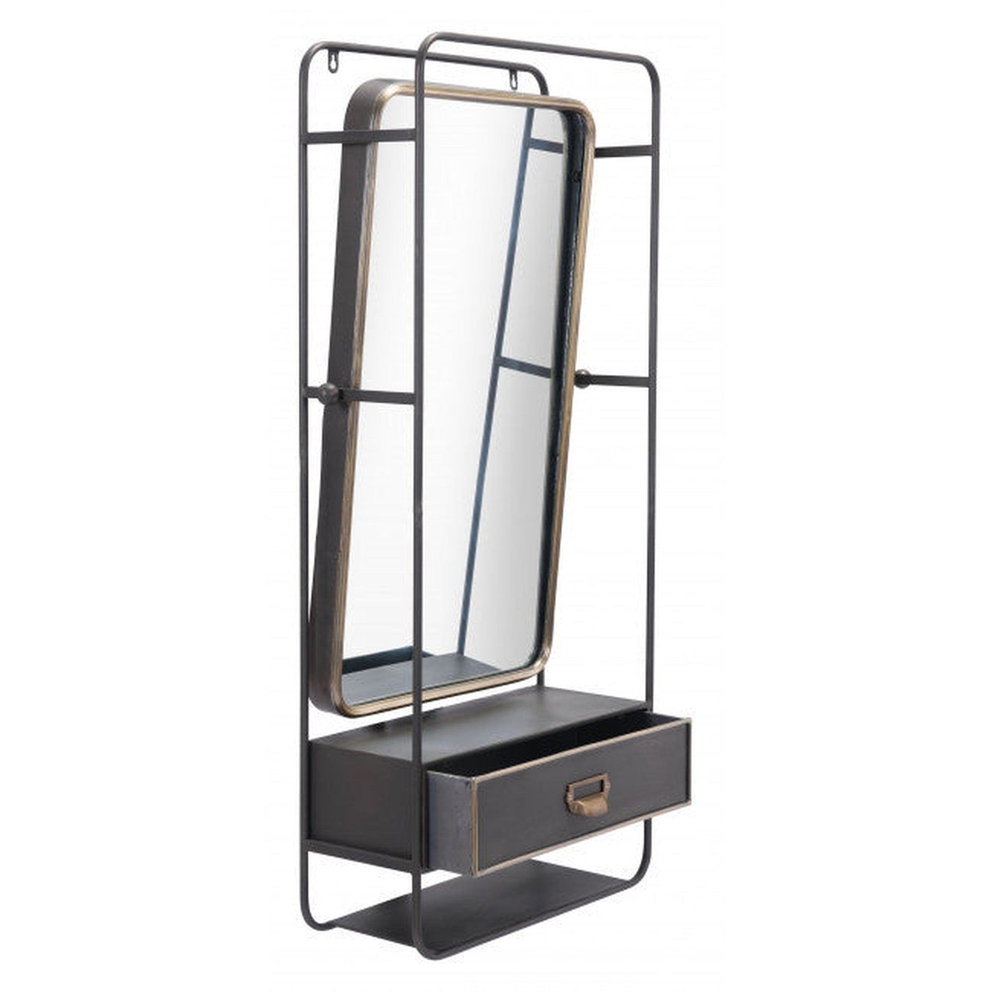 HomeRoots Distressed Industrial Gray and Gold Wall Mirror with Storage