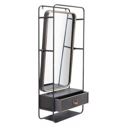 HomeRoots Distressed Industrial Gray and Gold Wall Mirror with Storage