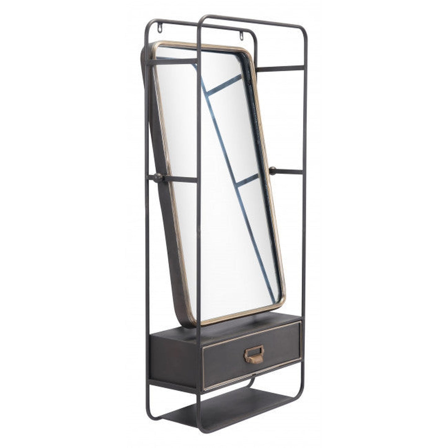 HomeRoots Distressed Industrial Gray and Gold Wall Mirror with Storage