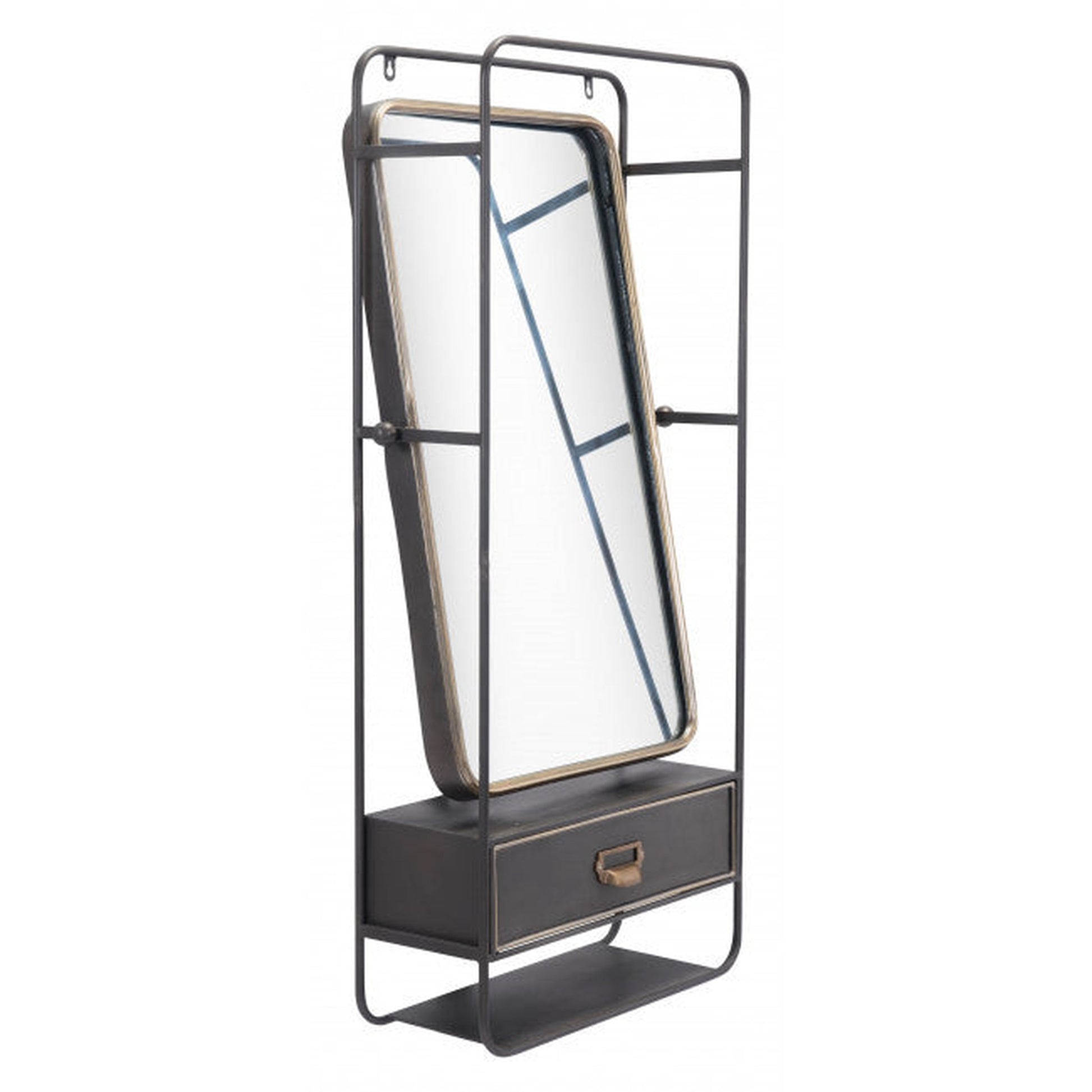 HomeRoots Distressed Industrial Gray and Gold Wall Mirror with Storage