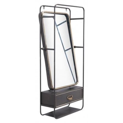 HomeRoots Distressed Industrial Gray and Gold Wall Mirror with Storage