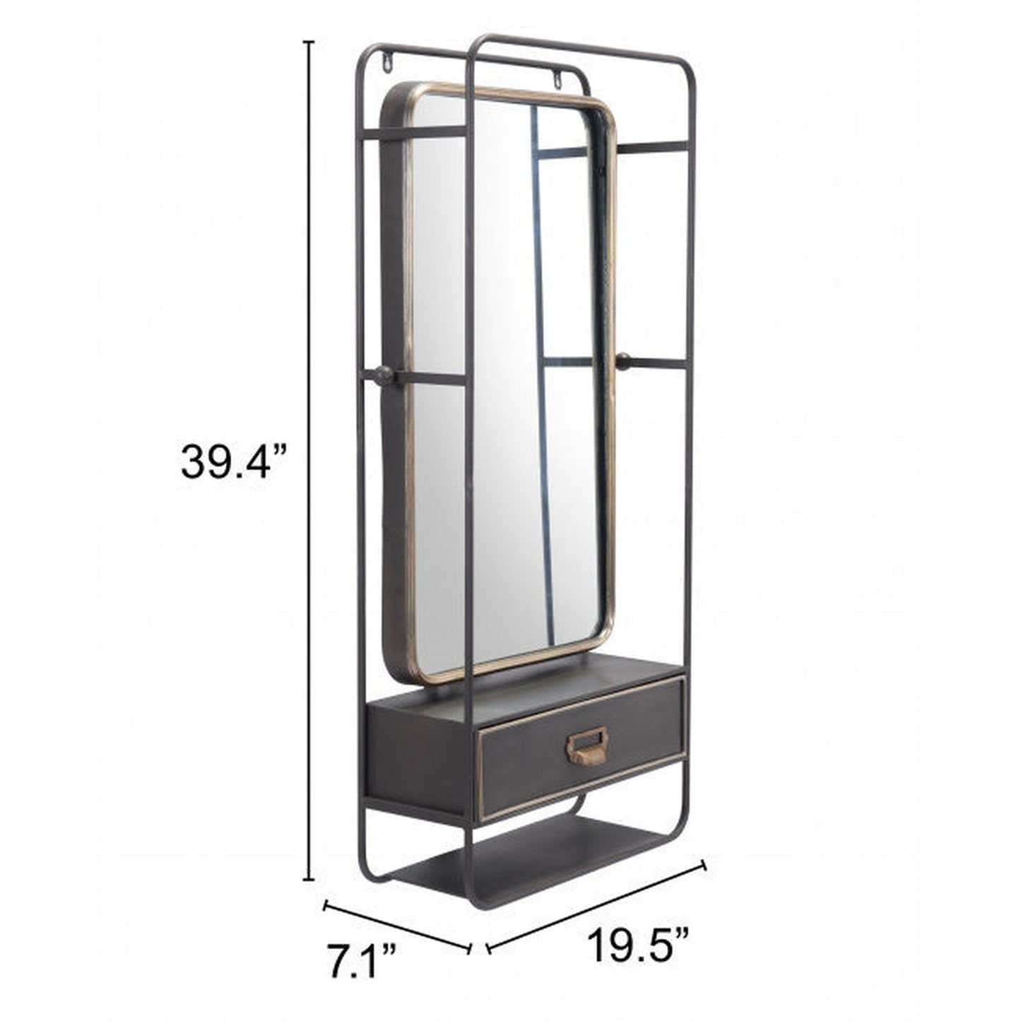 HomeRoots Distressed Industrial Gray and Gold Wall Mirror with Storage