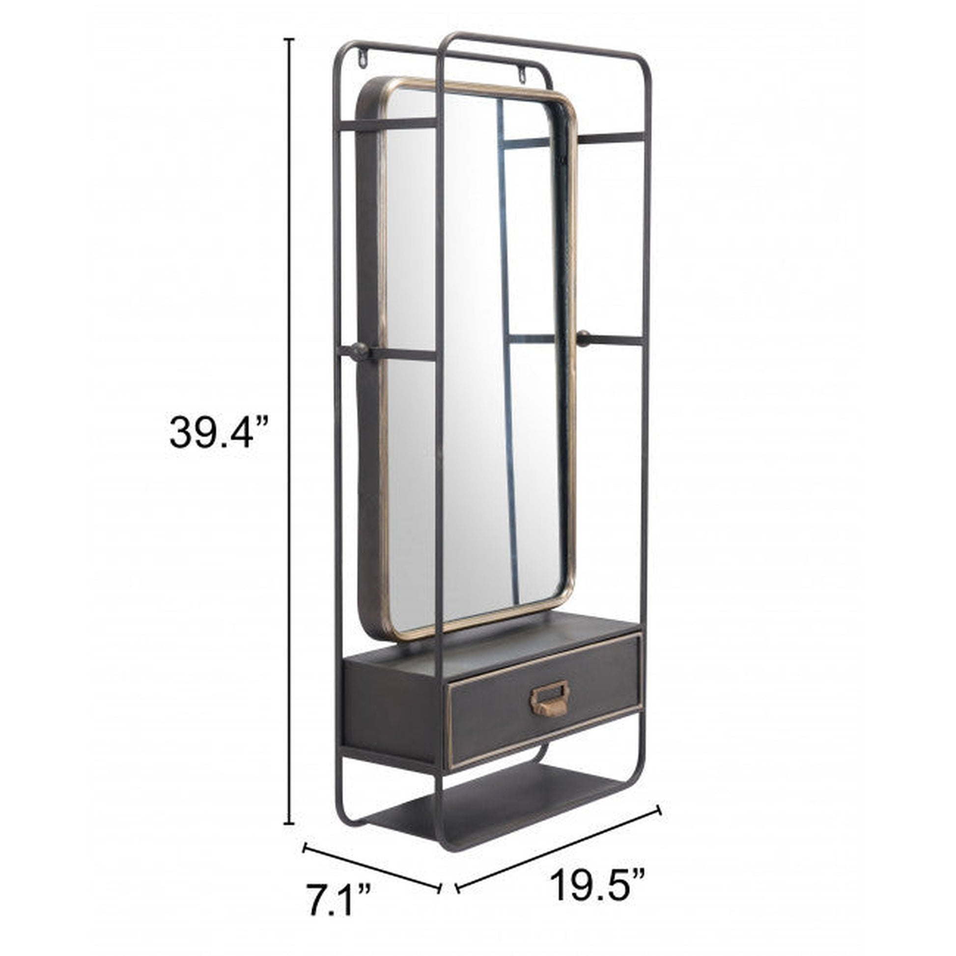 HomeRoots Distressed Industrial Gray and Gold Wall Mirror with Storage