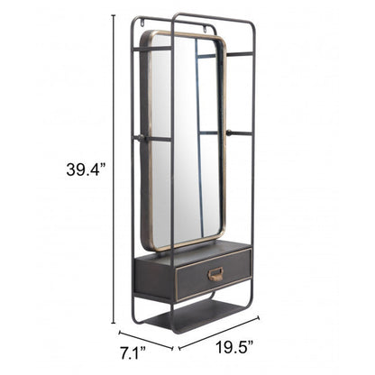 HomeRoots Distressed Industrial Gray and Gold Wall Mirror with Storage