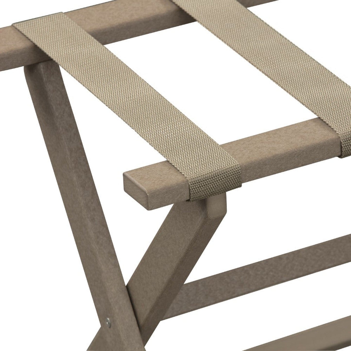 HomeRoots Earth Friendly Folding Luggage Rack in Taupe Finish With Dark Tan Straps