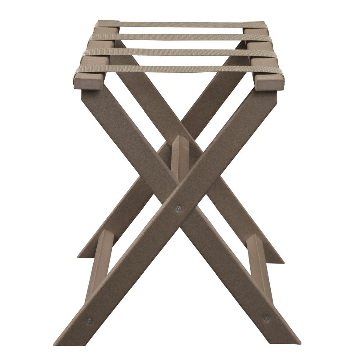 HomeRoots Earth Friendly Folding Luggage Rack in Taupe Finish With Dark Tan Straps