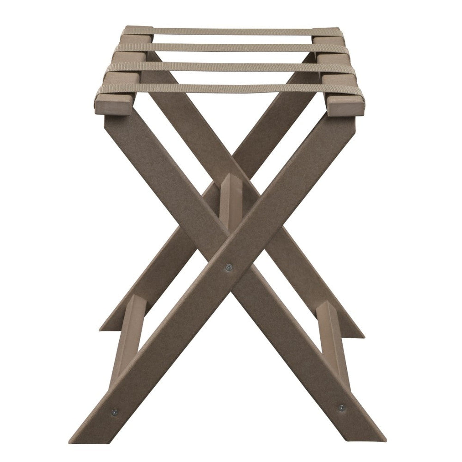 HomeRoots Earth Friendly Folding Luggage Rack in Taupe Finish With Dark Tan Straps
