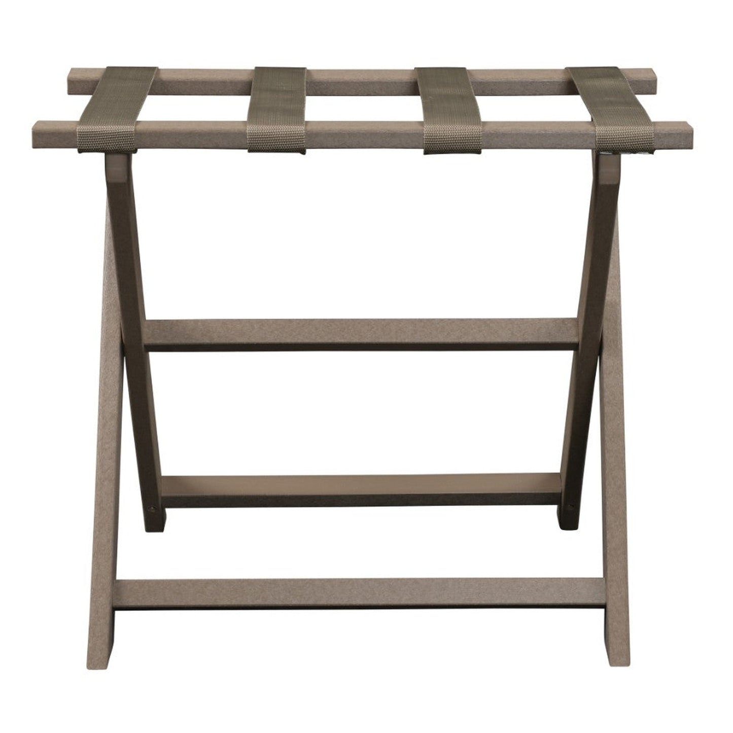 HomeRoots Earth Friendly Folding Luggage Rack in Taupe Finish With Dark Tan Straps