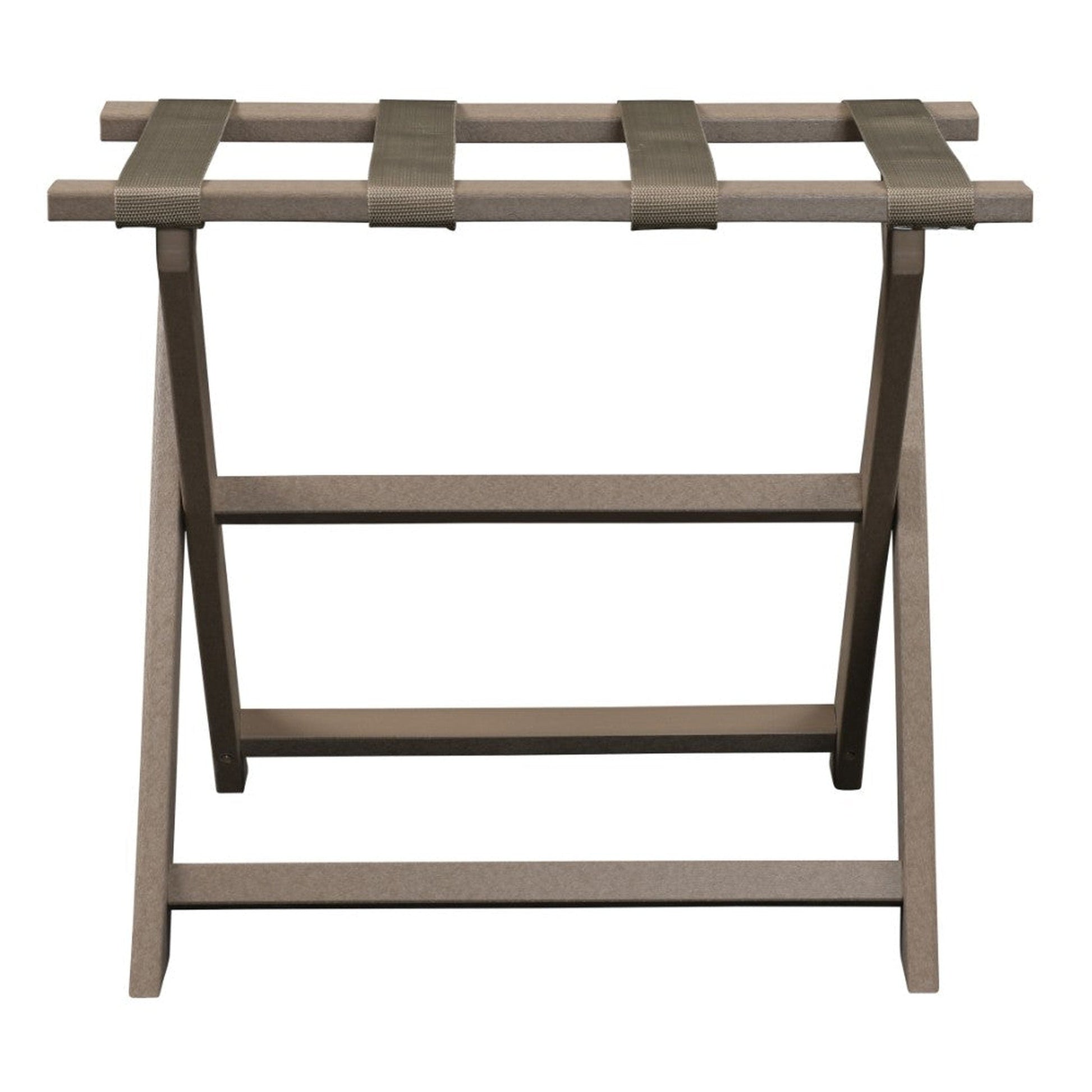 HomeRoots Earth Friendly Folding Luggage Rack in Taupe Finish With Dark Tan Straps