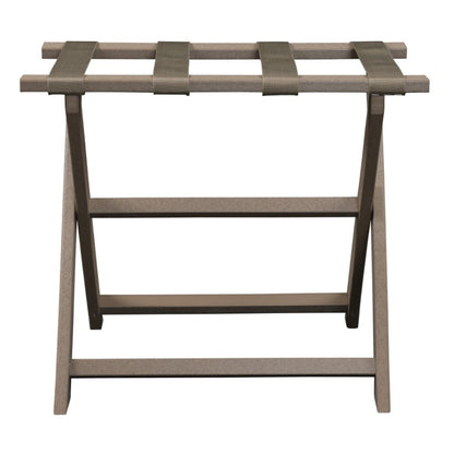 HomeRoots Earth Friendly Folding Luggage Rack in Taupe Finish With Dark Tan Straps