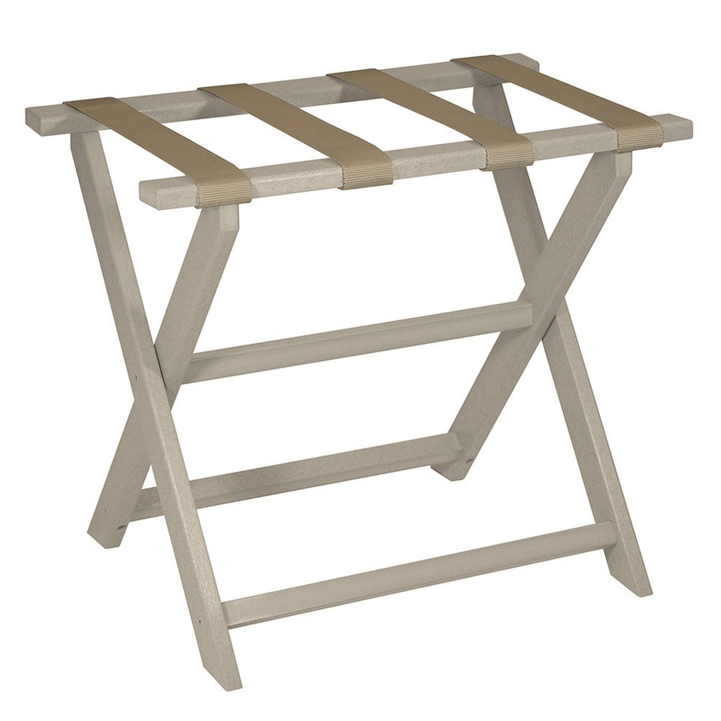 HomeRoots Earth Friendly Folding Luggage Rack in Taupe Finish With Dark Tan Straps